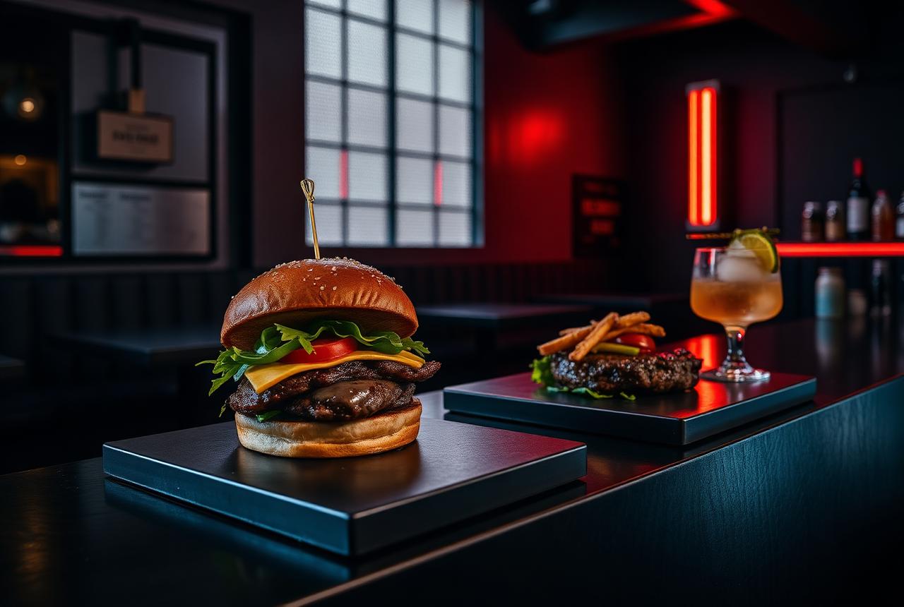Premium burger and steak plated on black steel counter with a cocktail under red neon lighting